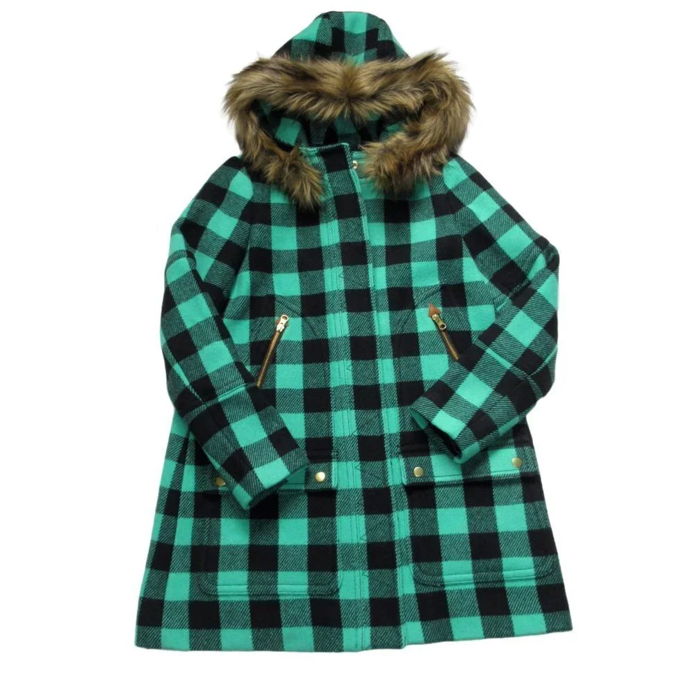 NWT J.Crew Chateau Parka in Black Neon Emerald Buffalo Check Stadium Wool Coat 2
